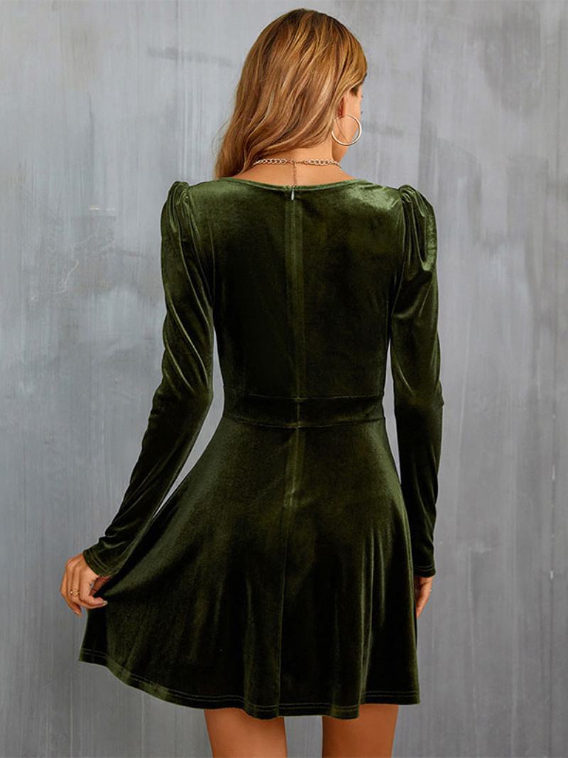 Dámské Oděvní Šaty Velvet Dress Hunter Green Dlouhé Rukávy Velur S Výstřihem Do V - Hunter Zelená