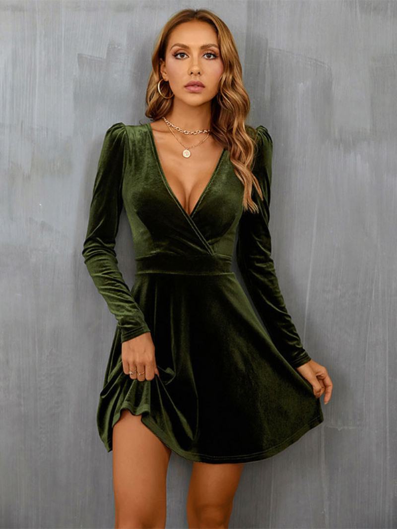 Dámské Oděvní Šaty Velvet Dress Hunter Green Dlouhé Rukávy Velur S Výstřihem Do V - Hunter Zelená