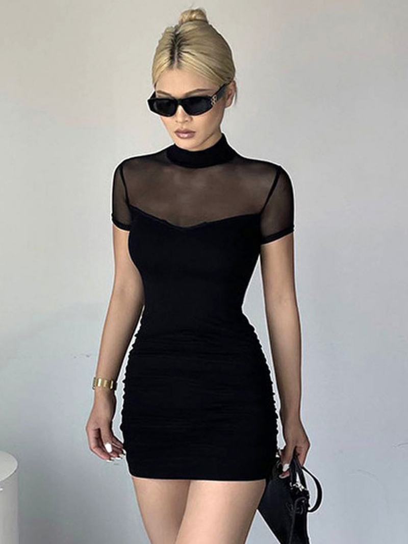 Dámské Bodycon Šaty Černé Krátké Rukávy Sexy Průhledné Pouzdrové S Vysokým Límcem