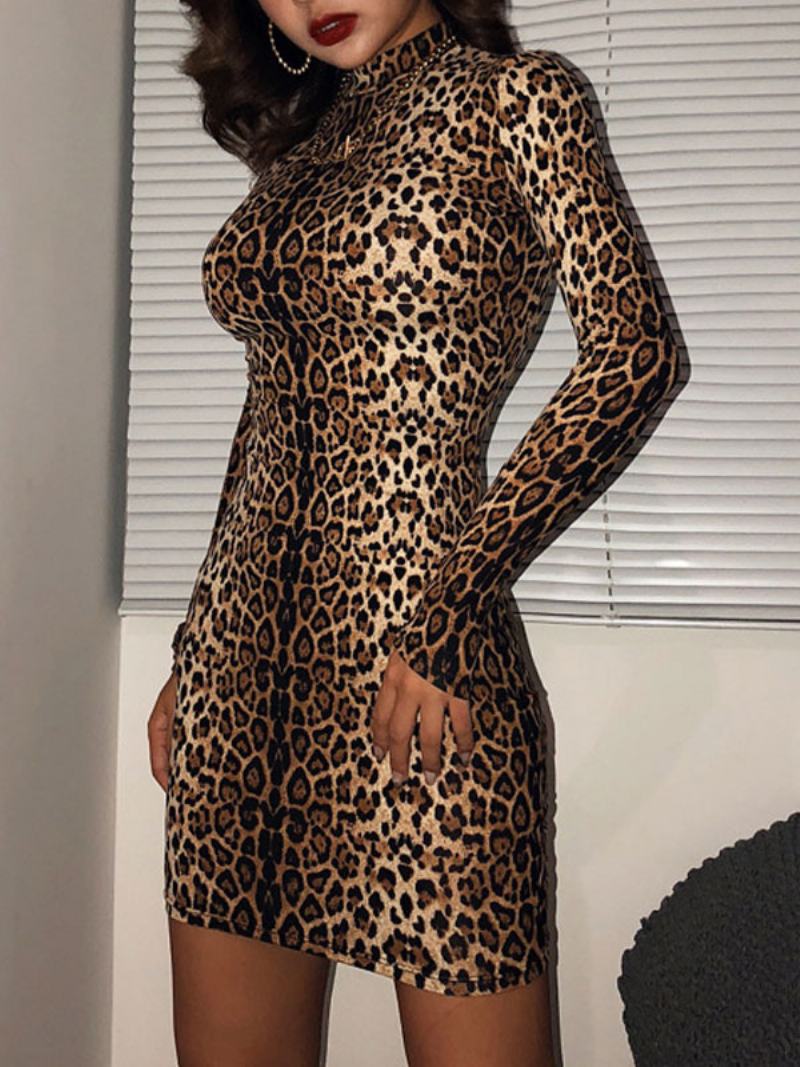 Dámské Sexy Šaty Bodycon Mini S Leopardím Vzorem A Vysokým Límcem Dlouhými Rukávy - Kávově Hnědá