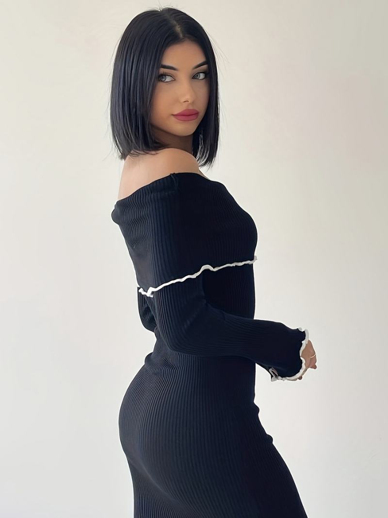 Dámské Skládací Šaty Bodycon S Kontrastem Mimo Ramena Midi - Černá