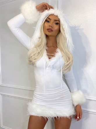 Dámské Šaty Bodycon Bílé S Kapucí Dlouhé Rukávy Stretch Vánoce Halloween Cos Sváteční