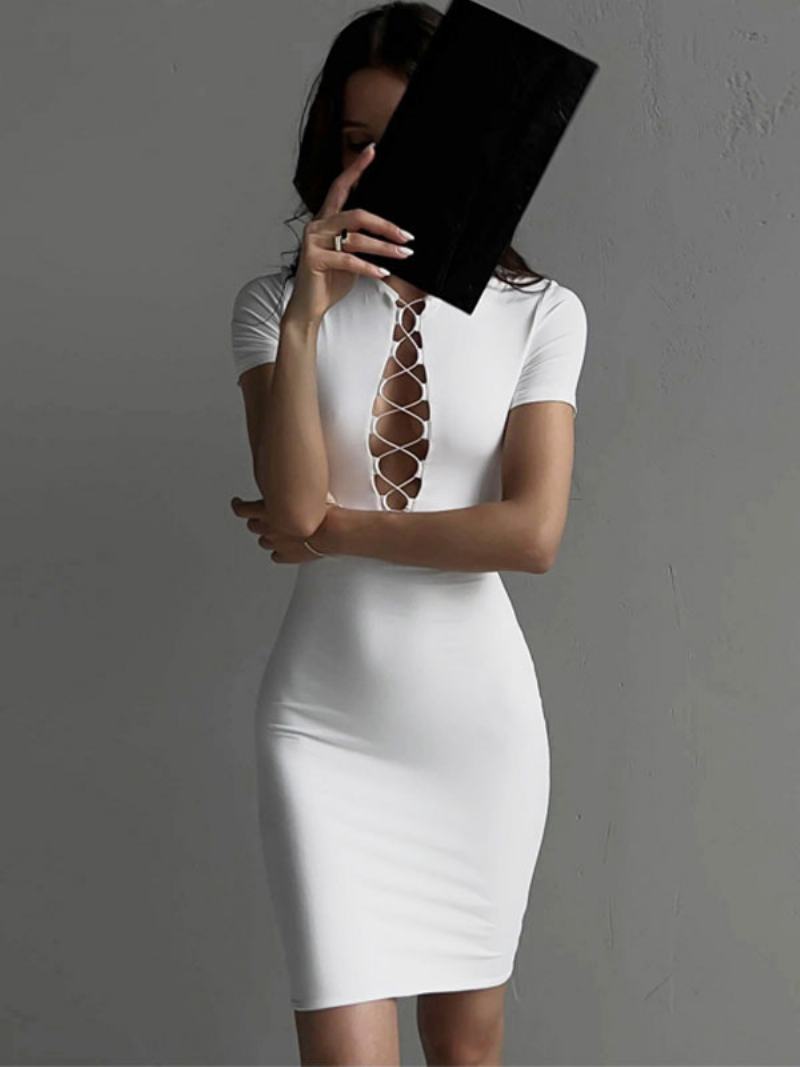 Dámské Šaty Bodycon White Jewel Krk Šněrovací Sexy Tužkové S Krátkými Rukávy