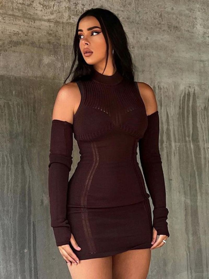 Dámské Šaty Sheer Bodycon Oboustranná Ohlávka Sexy Minišaty Night Out Pencil - Káva Hnědá