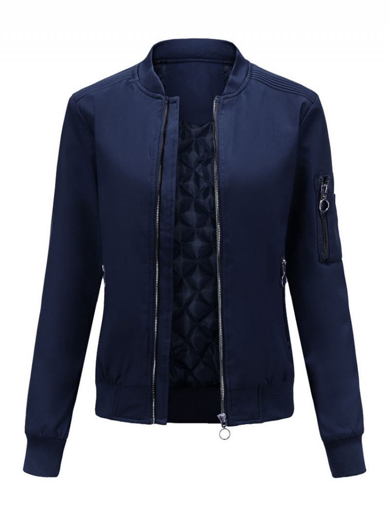 Bomber Jacket Růžová Neformální Baseballová Bunda Jednobarevná Stojánek Límeček Zip Jaro Podzim Street Svrchní Oblečení Pro Ženy - Dark Navy