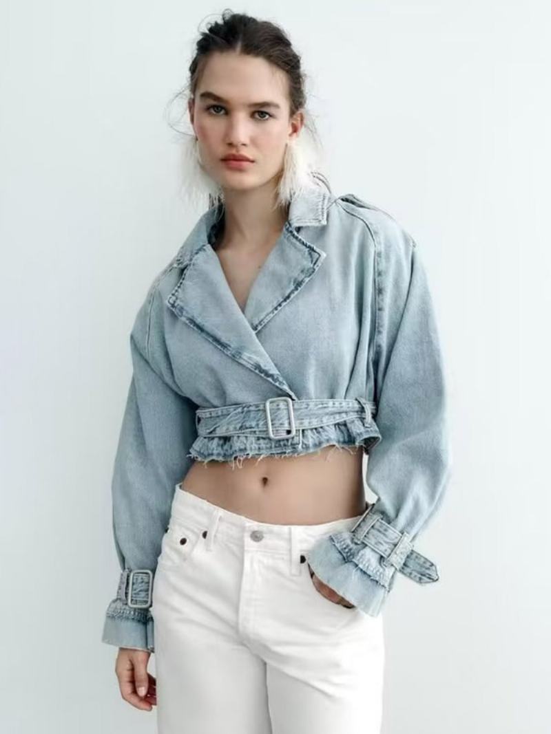 Dámská Bunda Turndown Collar Sash Denim