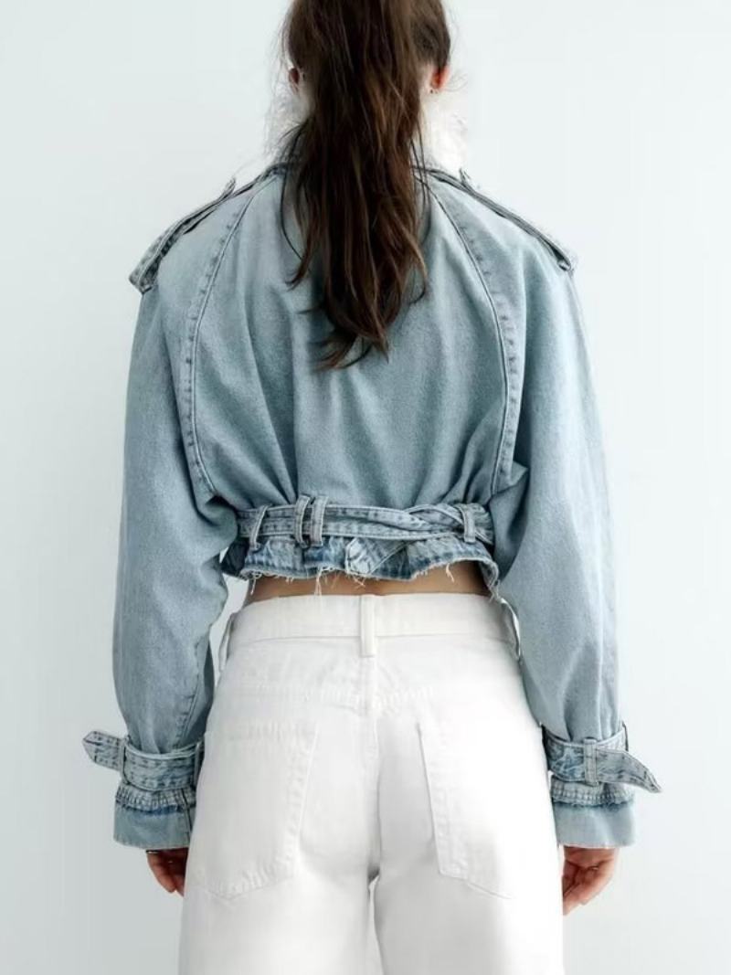 Dámská Bunda Turndown Collar Sash Denim - Světle Nebesky Modrá