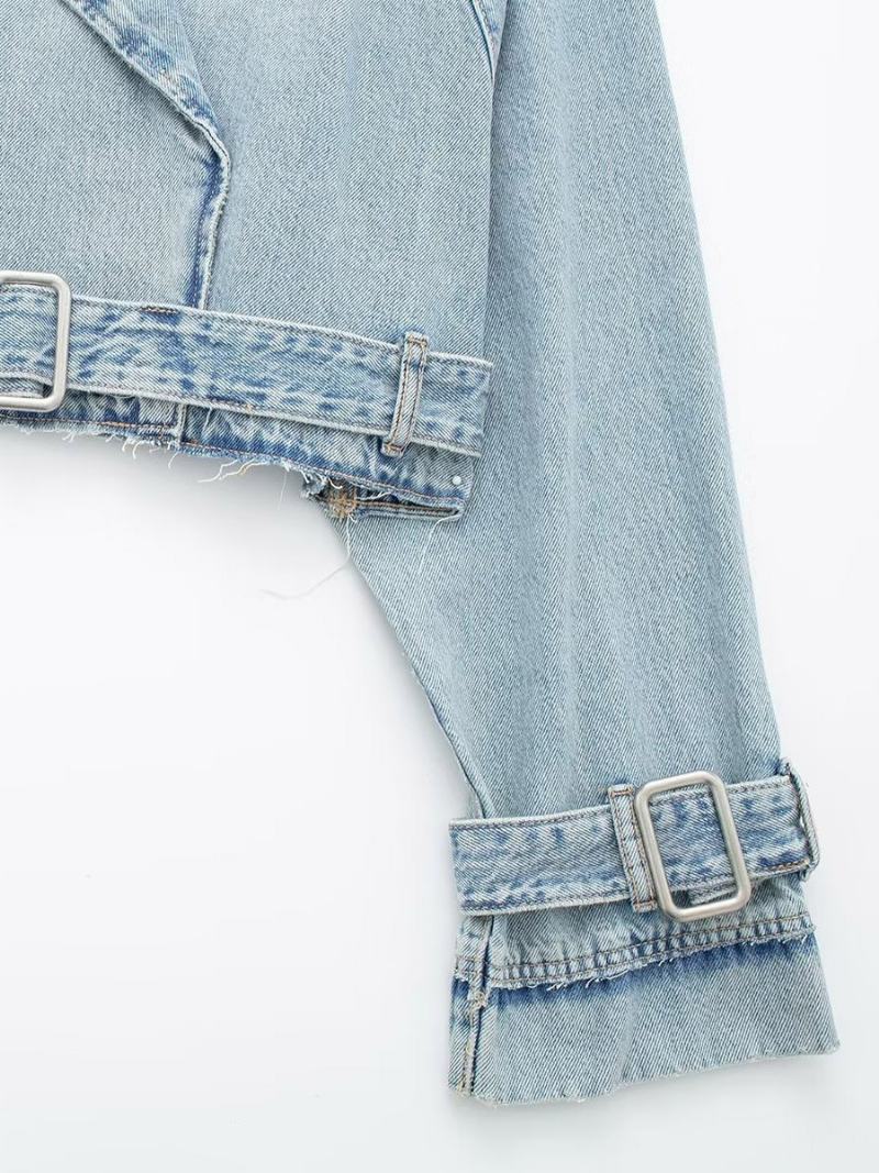 Dámská Bunda Turndown Collar Sash Denim - Světle Nebesky Modrá