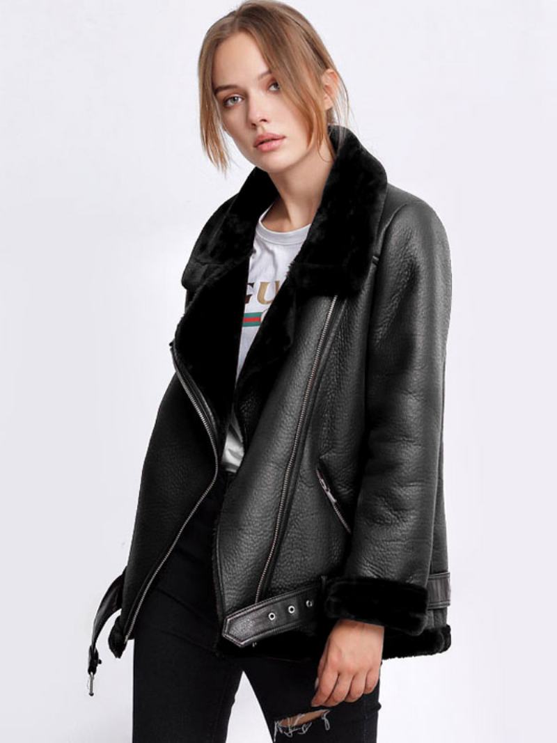 Dámská Kožená Bunda Faux Shearling Pu Moto Zimní Svrchní Oblečení