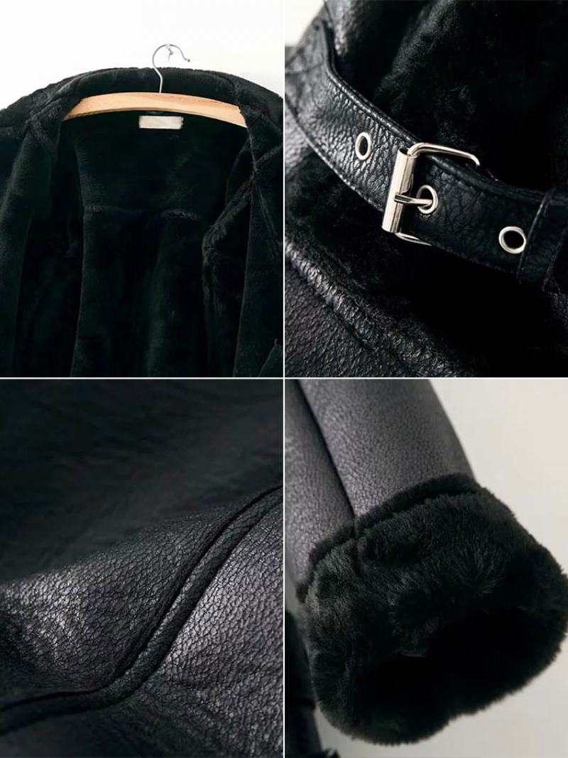 Dámská Kožená Bunda Faux Shearling Pu Moto Zimní Svrchní Oblečení - Černá