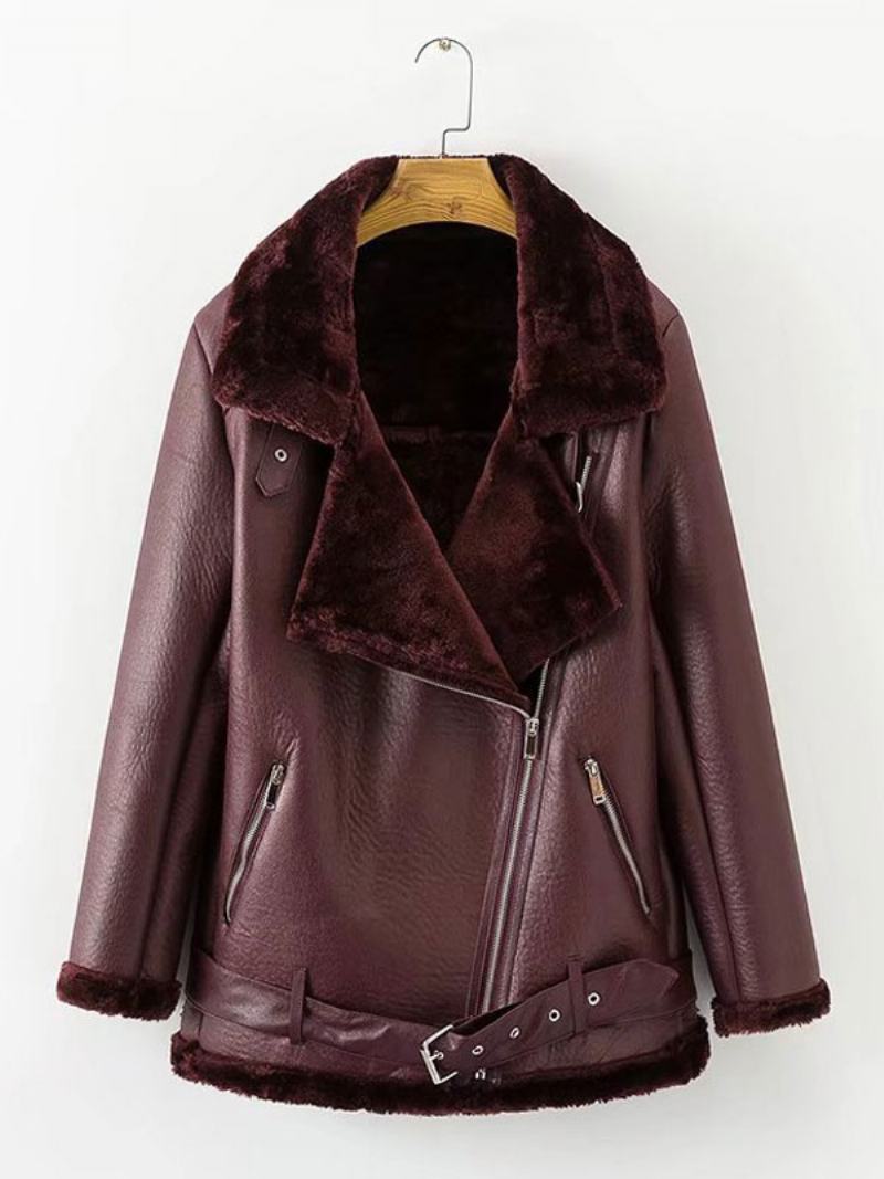 Dámská Kožená Bunda Faux Shearling Pu Moto Zimní Svrchní Oblečení - Vínová