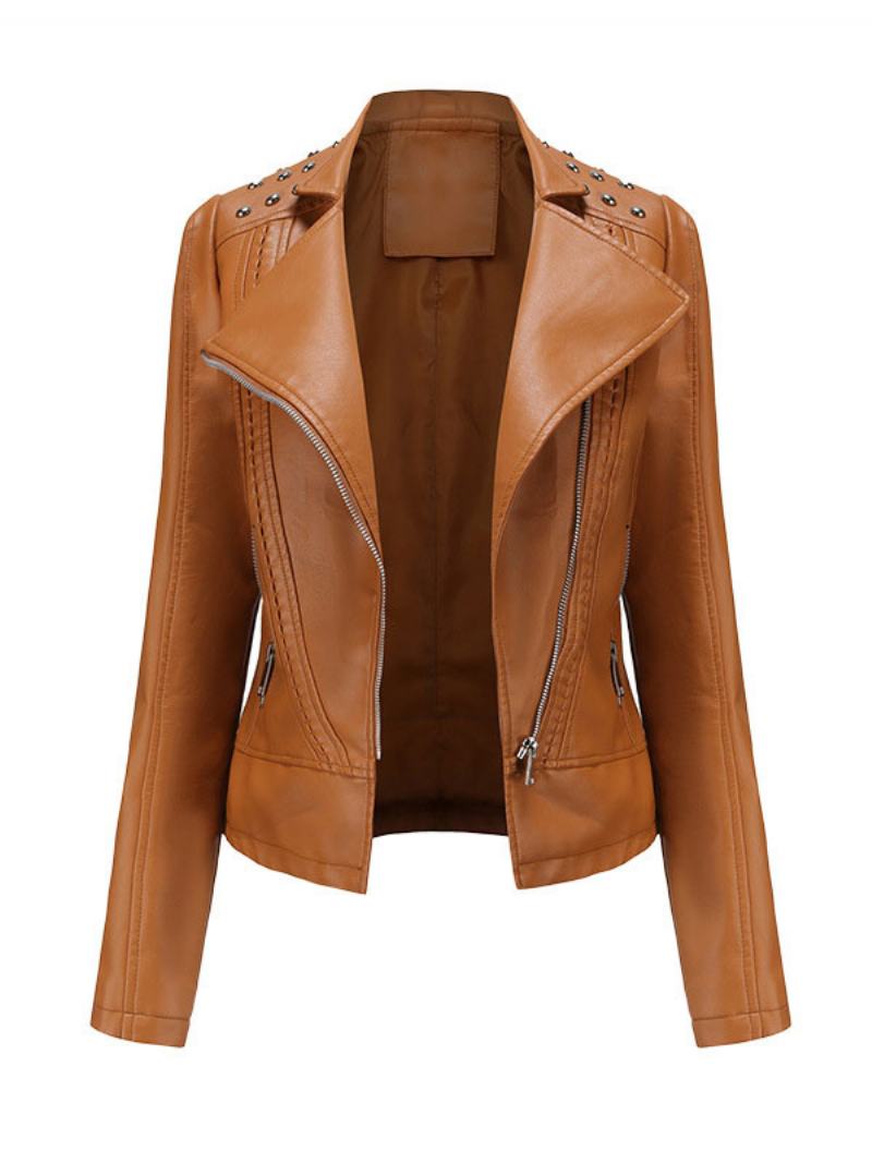 Dámská Moto Bunda Pu Leather Spring Short Outerwear - Kávově Hnědá