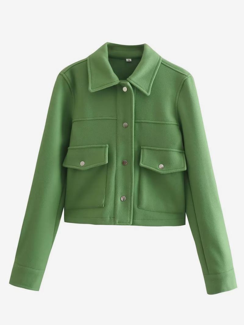 Dámské Bundy Turndown Collar Buttons Dlouhé Rukávy Crop Jacket - Zelená