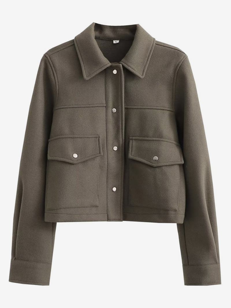 Dámské Bundy Turndown Collar Buttons Dlouhé Rukávy Crop Jacket - Hunter Green