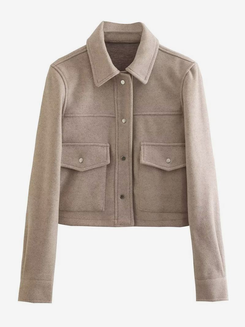 Dámské Bundy Turndown Collar Buttons Dlouhé Rukávy Crop Jacket - Béžová