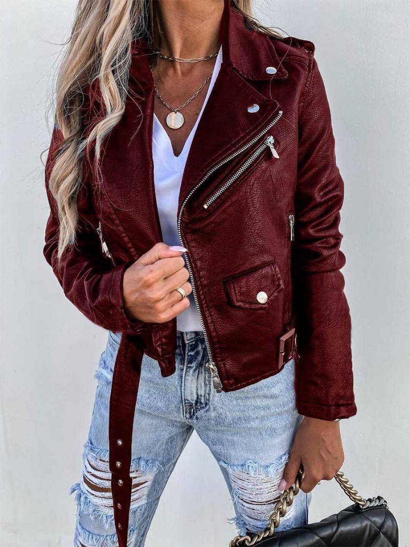 Dámské Bundy Z Pu Kůže Dlouhý Rukáv Kapsy Na Zip Moto Crop Jacket - Vínová