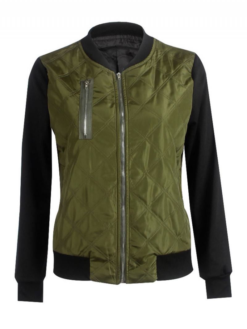 Dámské Prošívané Bundy Bomber Jacket Stand Collar - Hunter Zelená