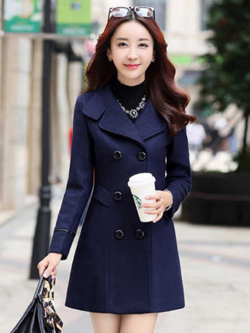 Dámské Svrchní Oblečení Pea Coat Turndown Collar Spring - Dark Navy