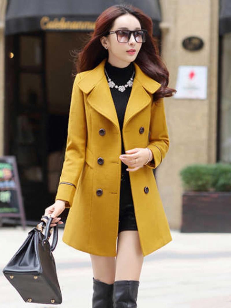 Dámské Svrchní Oblečení Pea Coat Turndown Collar Spring - Žlutá