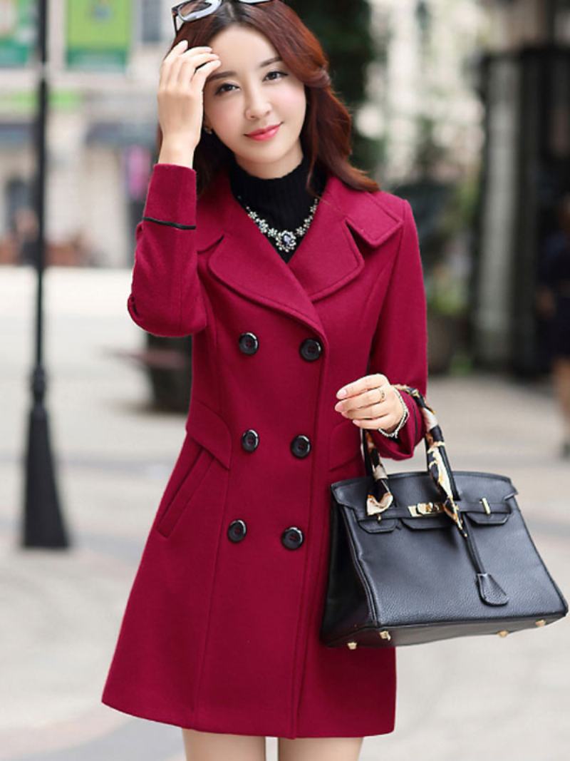 Dámské Svrchní Oblečení Pea Coat Turndown Collar Spring - Burdová