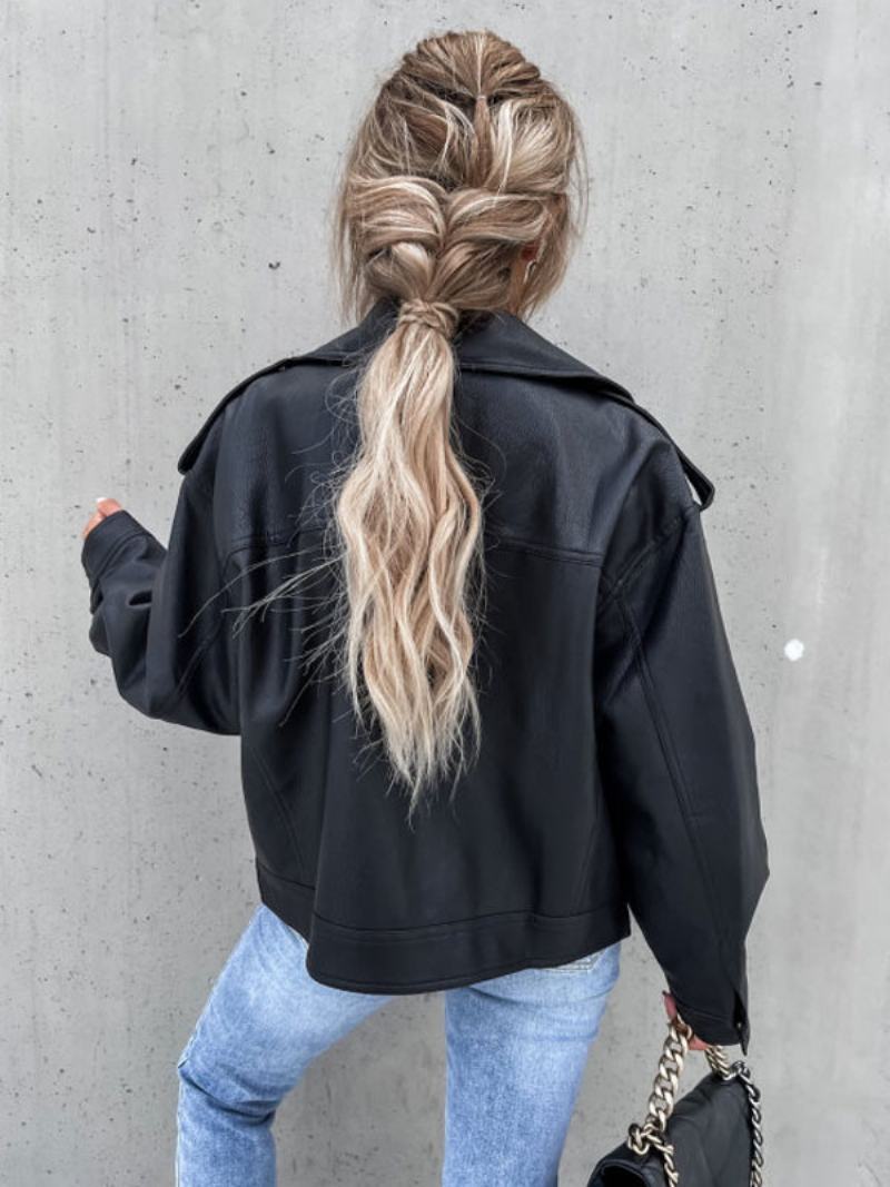 Moto Bunda Z Umělé Kůže Černá Klopa Zip Up Pu Oversized Jarní Podzimní Motorkářské Svrchní Oblečení Pro Ženy - Černá