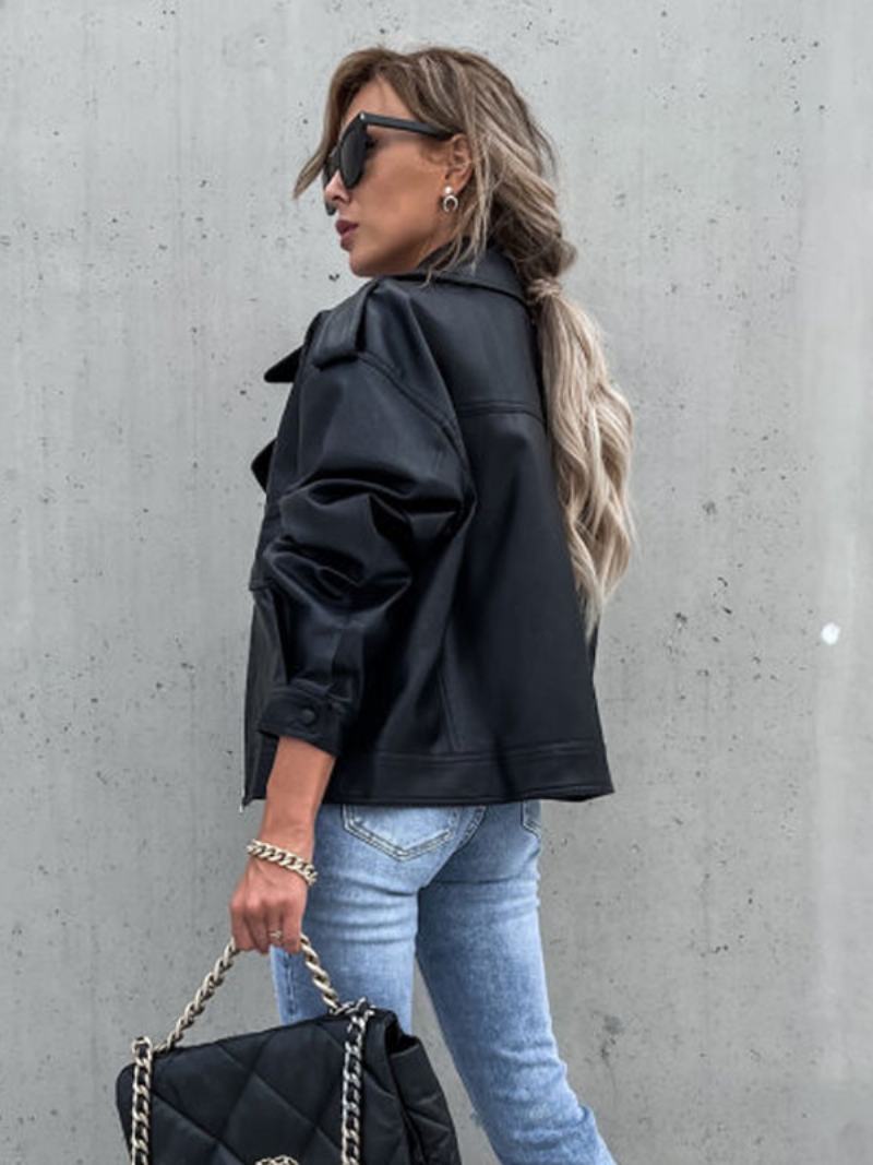 Moto Bunda Z Umělé Kůže Černá Klopa Zip Up Pu Oversized Jarní Podzimní Motorkářské Svrchní Oblečení Pro Ženy - Černá