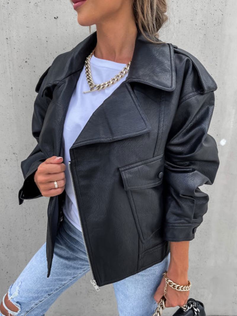 Moto Bunda Z Umělé Kůže Černá Klopa Zip Up Pu Oversized Jarní Podzimní Motorkářské Svrchní Oblečení Pro Ženy - Černá