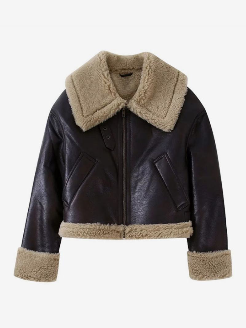 Oboustranná Krátká Bunda Pu Leather Winter Svrchní Oblečení Pro Ženy - Tmavě Hnědá