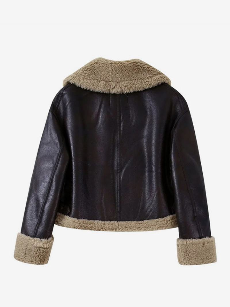 Oboustranná Krátká Bunda Pu Leather Winter Svrchní Oblečení Pro Ženy - Tmavě Hnědá