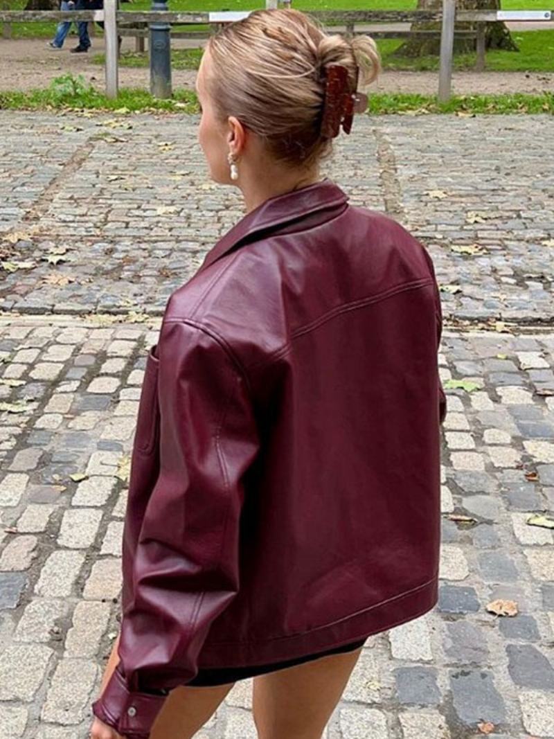 Pu Kožená Bunda Turndown Collar Dlouhé Rukávy Zip Dámské Streetwear - Burgundské