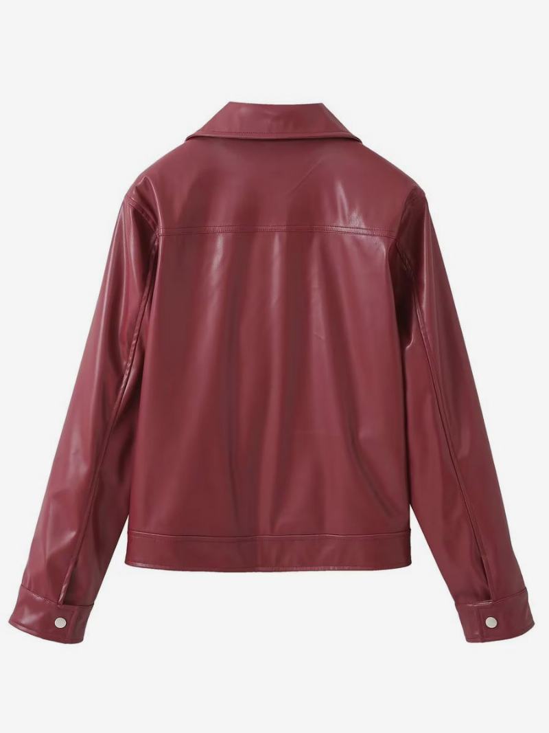 Pu Kožená Bunda Turndown Collar Dlouhé Rukávy Zip Dámské Streetwear - Burgundské