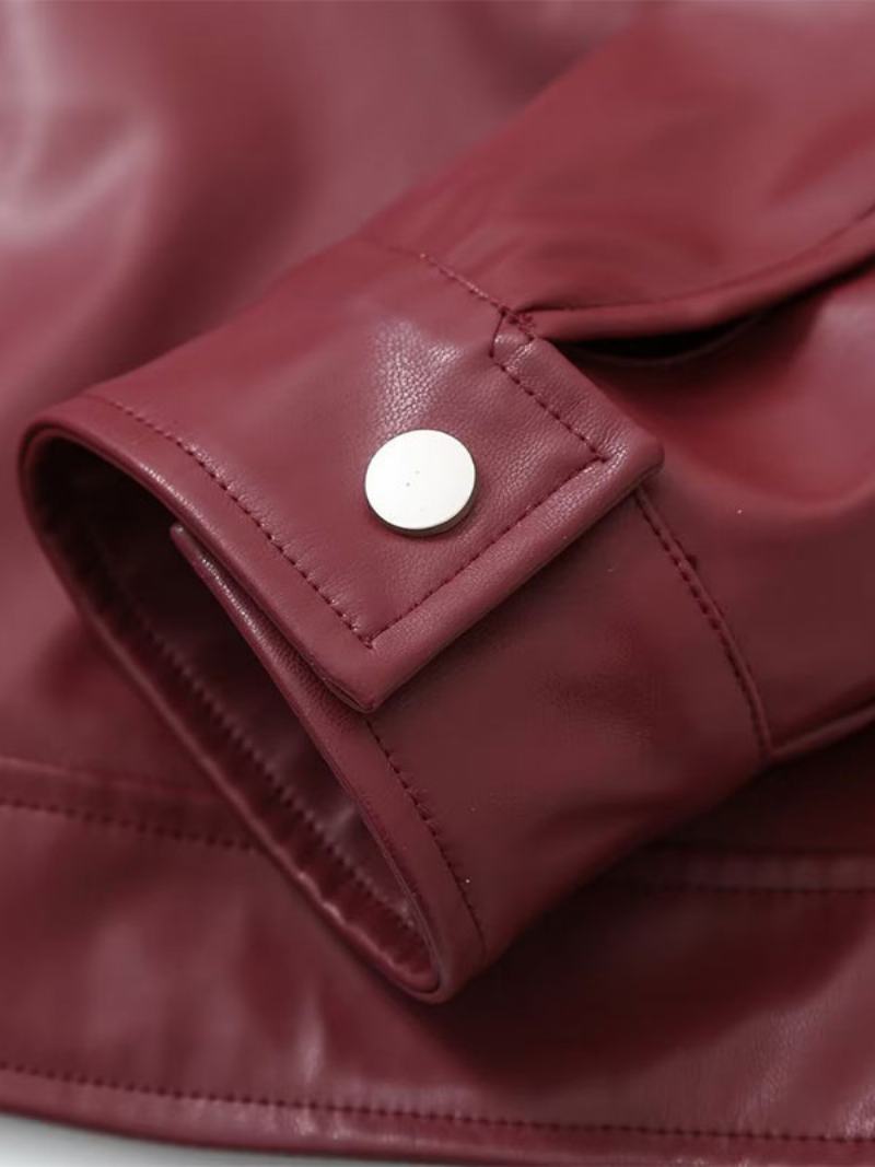 Pu Kožená Bunda Turndown Collar Dlouhé Rukávy Zip Dámské Streetwear - Burgundské