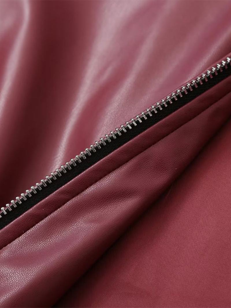 Pu Kožená Bunda Turndown Collar Dlouhé Rukávy Zip Dámské Streetwear - Burgundské