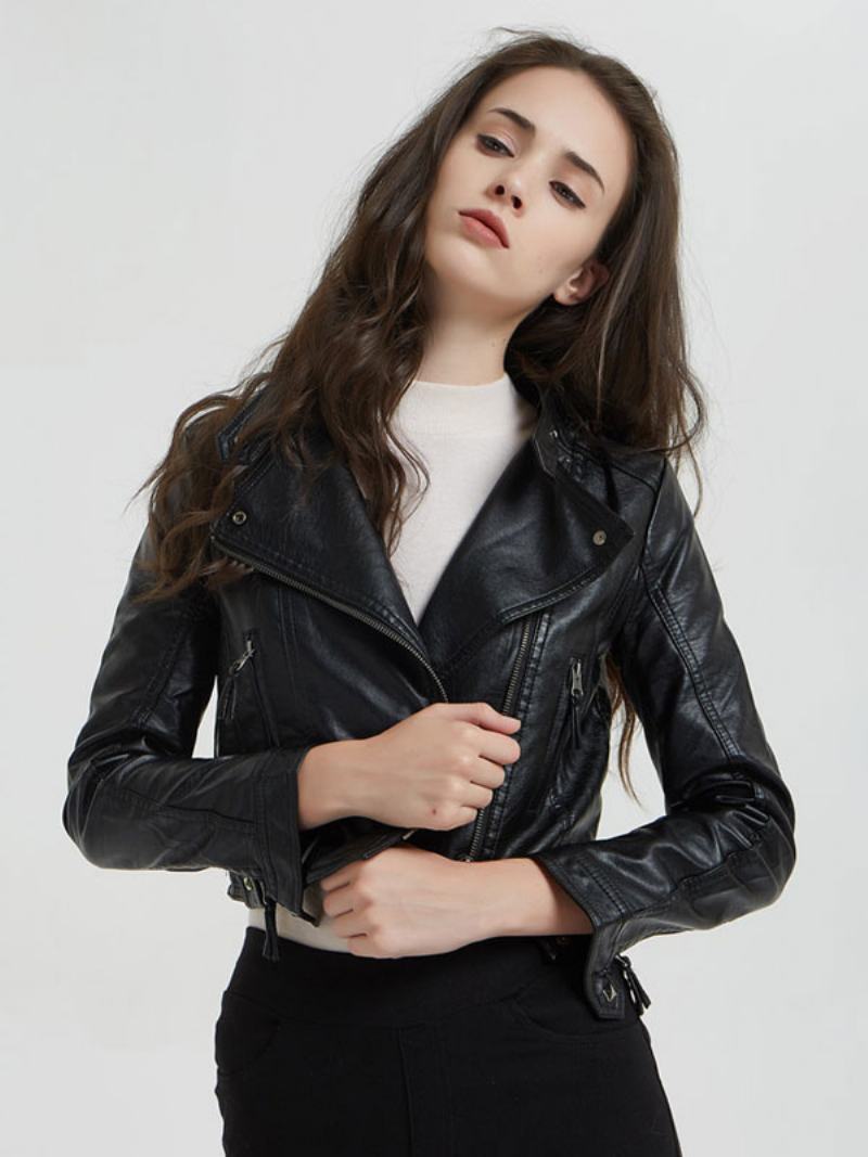 Pu Leather Moto Jacket Stand Collar Boyfriend Spring Svrchní Oblečení Pro Ženy - Černá