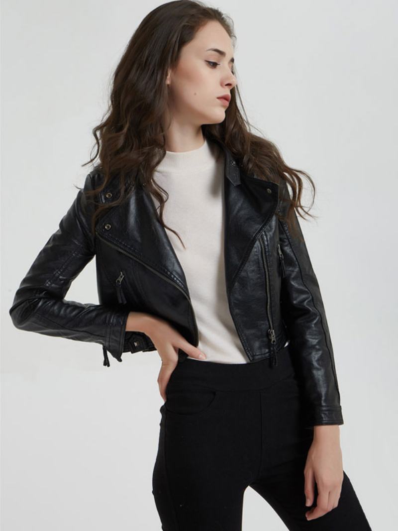 Pu Leather Moto Jacket Stand Collar Boyfriend Spring Svrchní Oblečení Pro Ženy - Černá