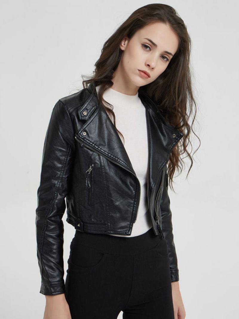 Pu Leather Moto Jacket Stand Collar Boyfriend Spring Svrchní Oblečení Pro Ženy - Černá