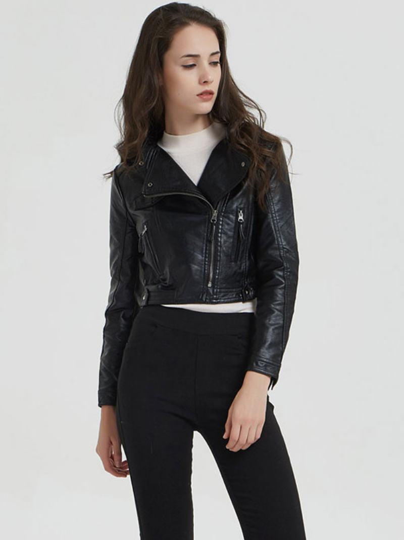 Pu Leather Moto Jacket Stand Collar Boyfriend Spring Svrchní Oblečení Pro Ženy - Černá