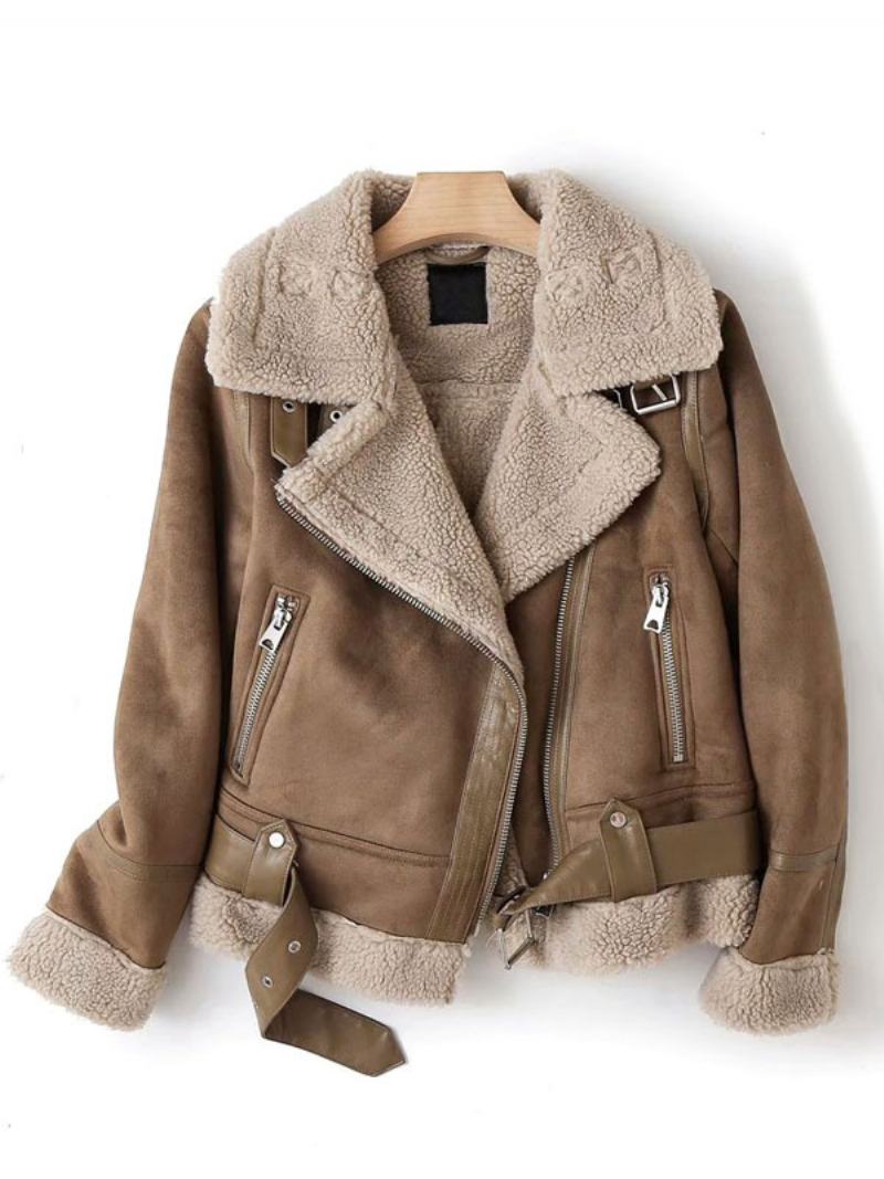 Semišová Bunda Faux Shearling Zimní Kabát Svrchní Oblečení Pro Ženy - Khaki