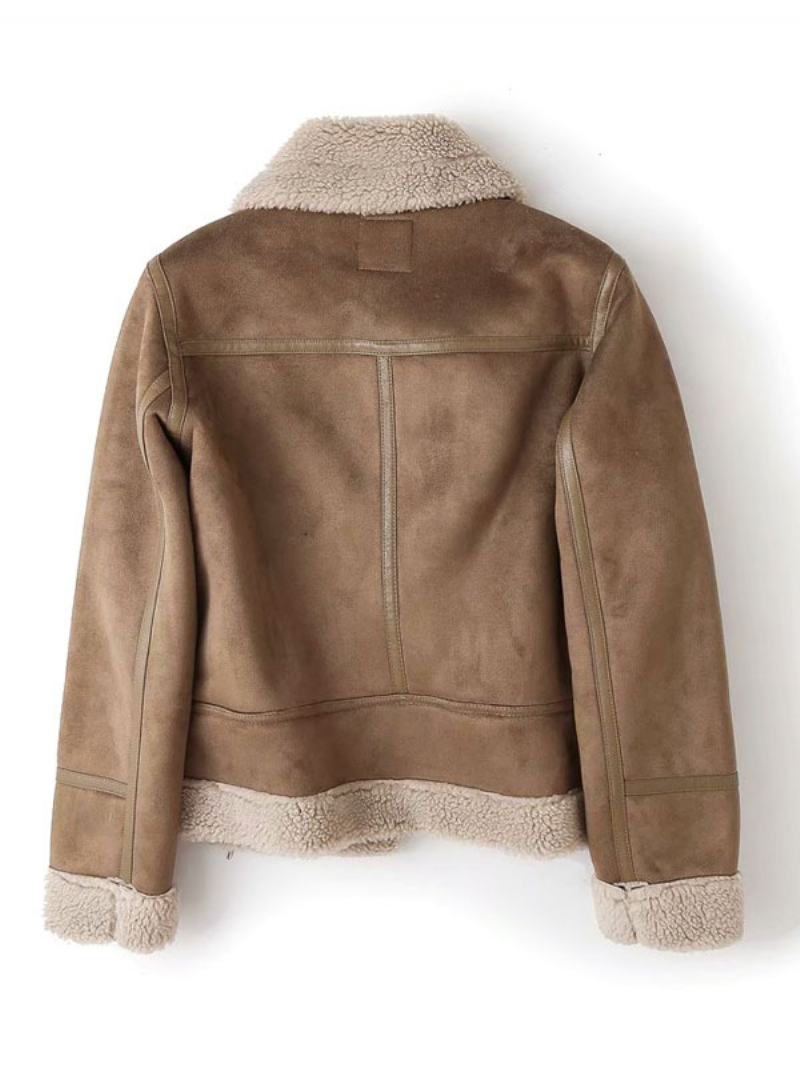 Semišová Bunda Faux Shearling Zimní Kabát Svrchní Oblečení Pro Ženy - Khaki