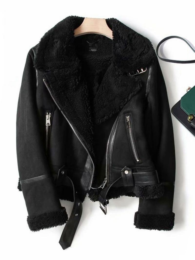 Semišová Bunda Faux Shearling Zimní Kabát Svrchní Oblečení Pro Ženy - Černá