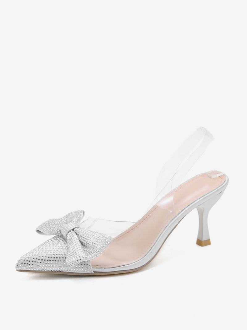 Dámské Kamínky Slingback Podpatky Transparentní Jehlový Podpatek Stříbrné Lodičky Pvc Svršek