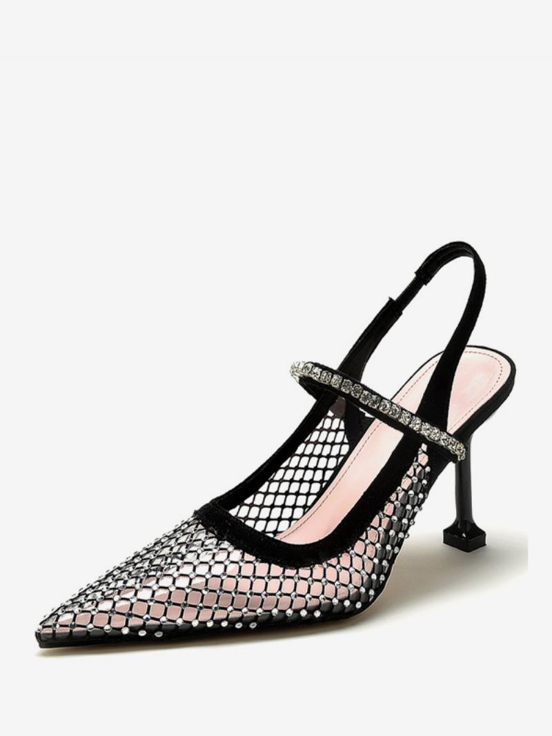 Dámské Lodičky Na Podpatku Slingback Mesh Černé Kamínky Jehlovém Párty Boty