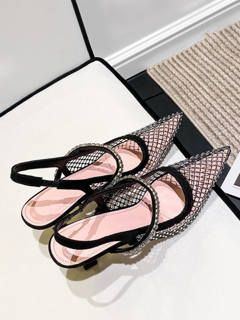 Dámské Lodičky Na Podpatku Slingback Mesh Černé Kamínky Jehlovém Párty Boty - Černá