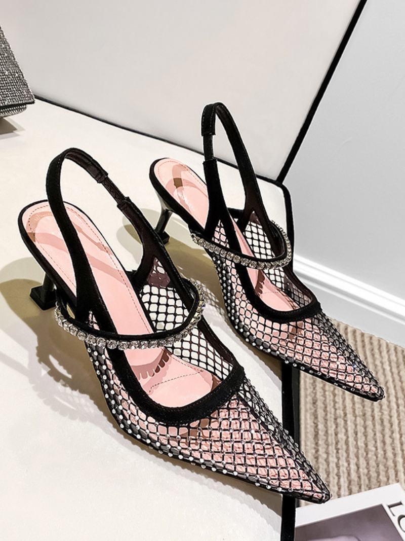 Dámské Lodičky Na Podpatku Slingback Mesh Černé Kamínky Jehlovém Párty Boty - Černá