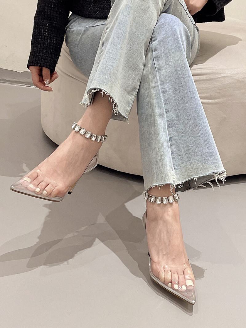 Dámské Lodičky Na Vysokém Podpatku Rose Transparent Pointed Toe Rhinestones S Páskem Kotník - Stříbrná