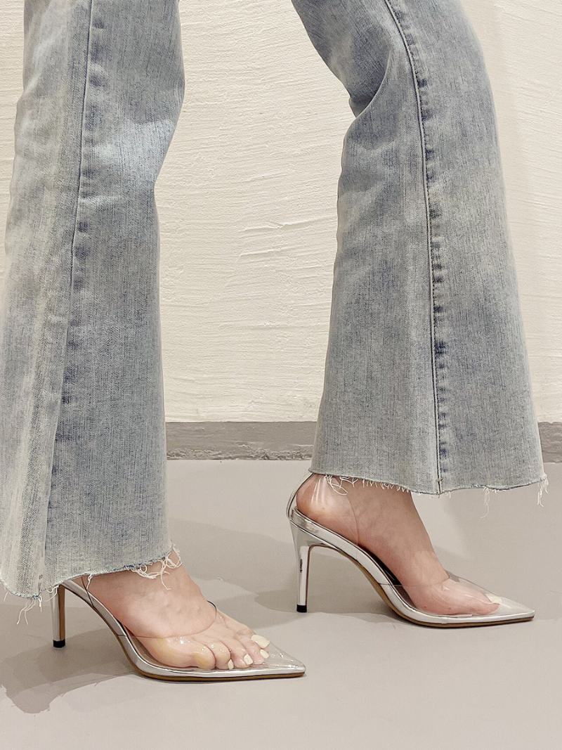 Dámské Lodičky Na Vysokém Podpatku Rose Transparent Pointed Toe Rhinestones S Páskem Kotník - Stříbrná