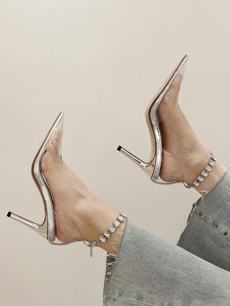 Dámské Lodičky Na Vysokém Podpatku Rose Transparent Pointed Toe Rhinestones S Páskem Kotník - Stříbrná