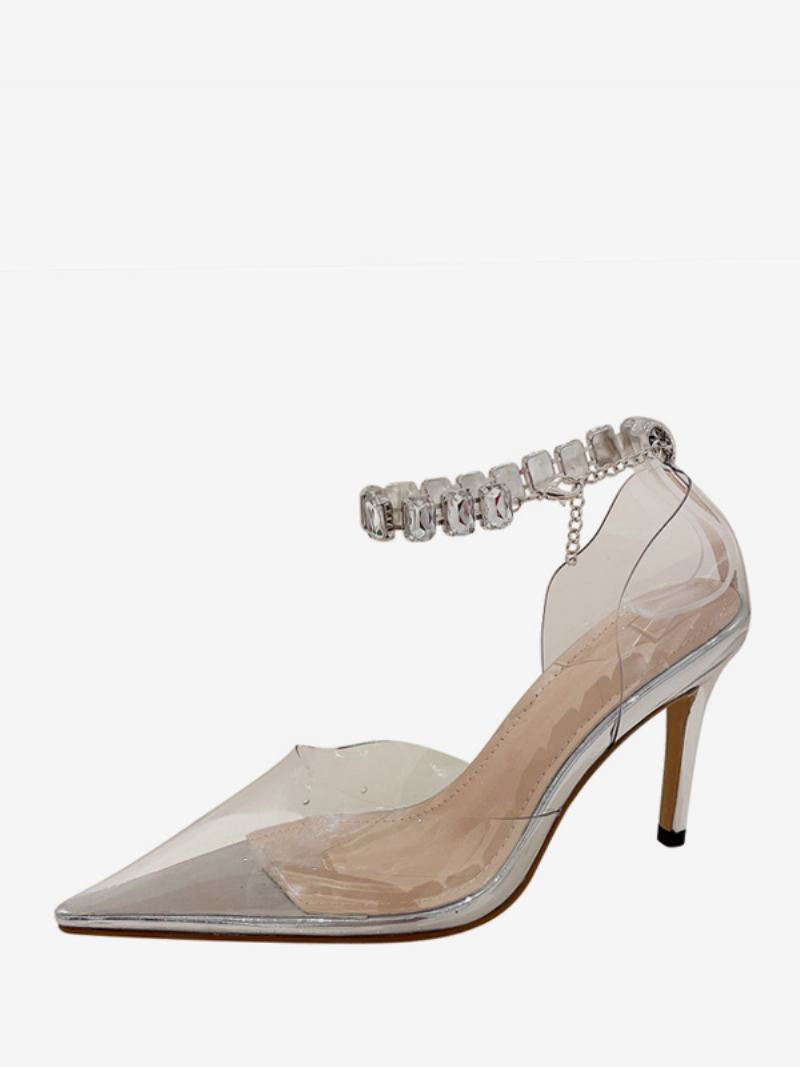 Dámské Lodičky Na Vysokém Podpatku Rose Transparent Pointed Toe Rhinestones S Páskem Kotník - Stříbrná