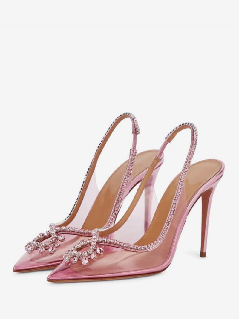 Dámské Plesové Boty Pink Pointed Toe Rhinestones Slingback Lodičky Na Vysokém Podpatku