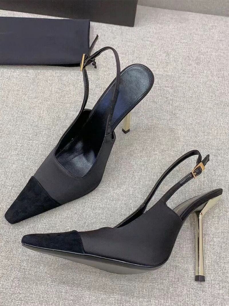 Dámské Saténové Lodičky Slingback Černé Na Jehlovém Podpatku Se Čtvercovou Špičkou - Černá